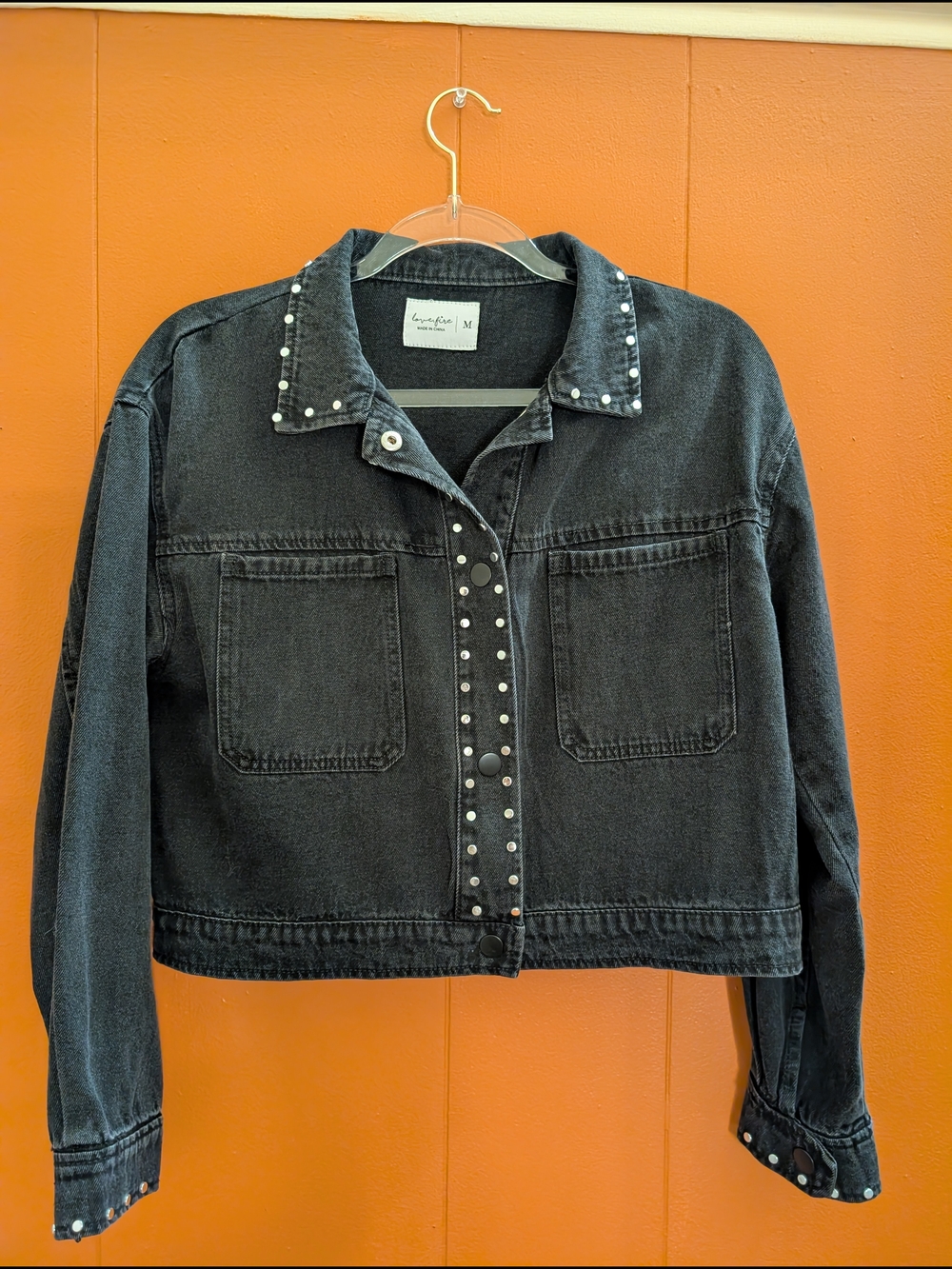 Love Fire Silver Studded Cropped Black Denim 90s Moto Biker Jacket Womens Medium - Picture 3 of 15